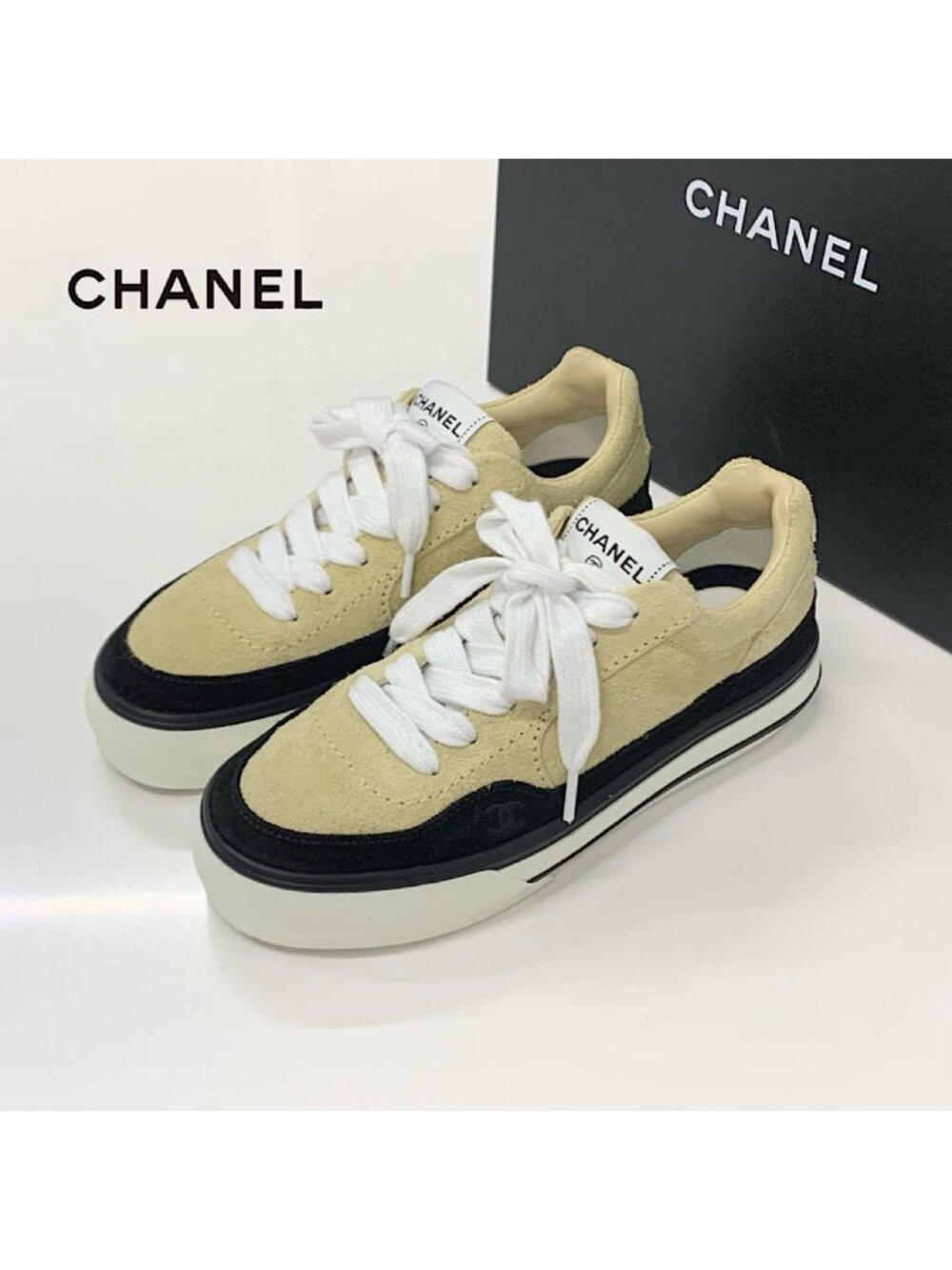 Chanel CC Logo Suede Sneakers Beige Black